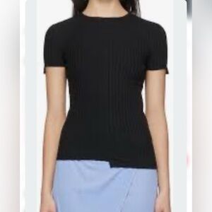 Helmut Lang M Black Luxe Ribbed Short Sleeve Shirt Pima Cotton/Spandex RN#119376